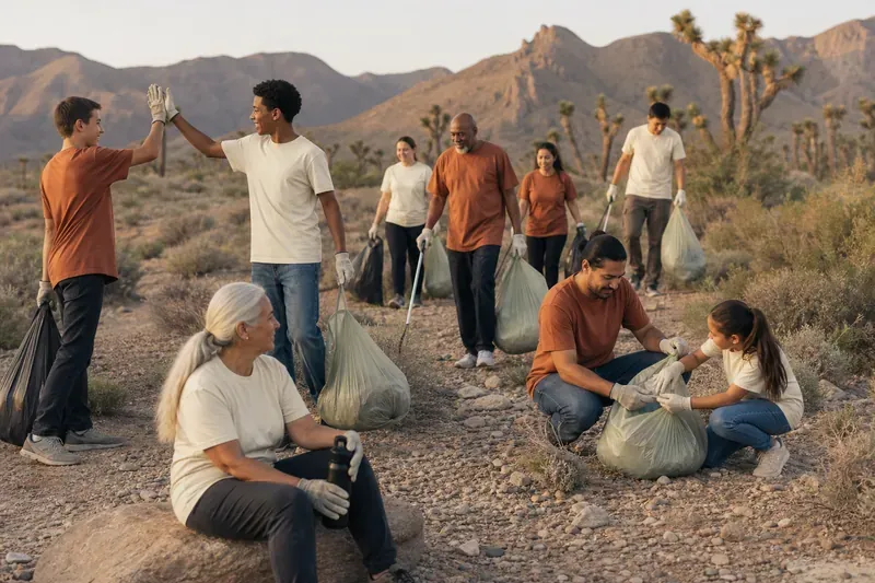 Volunteers in work gloves collecting trash across desert scrub with mountains behind them.