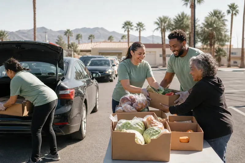 Volunteers handing a box of fresh produce to a woman at an outdoor distribution table.