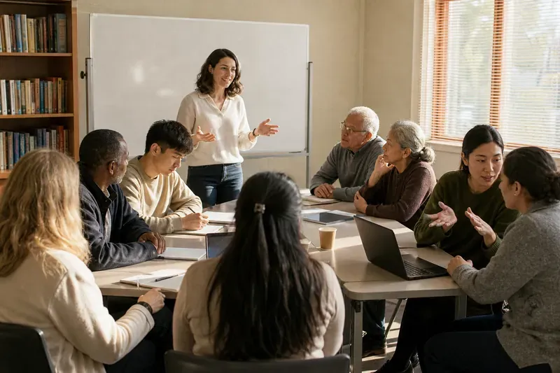 Adults seated around tables in a library meeting room while a facilitator explains something.