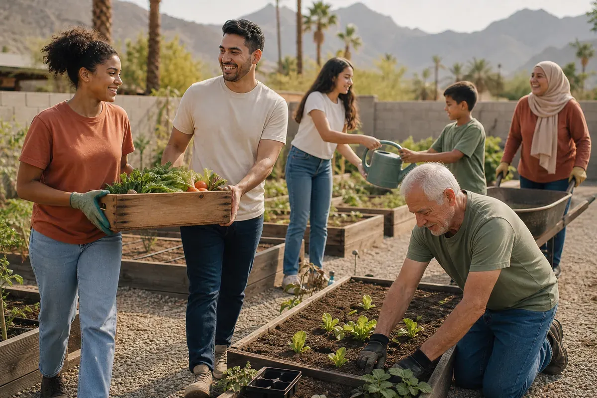 Volunteers of different ages carrying produce crates and planting seedlings together in a community garden.